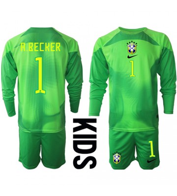 Brasilien Alisson Becker #1 Målvakt Bortaställ Barn VM 2022 Långärmad (+ Korta byxor)
